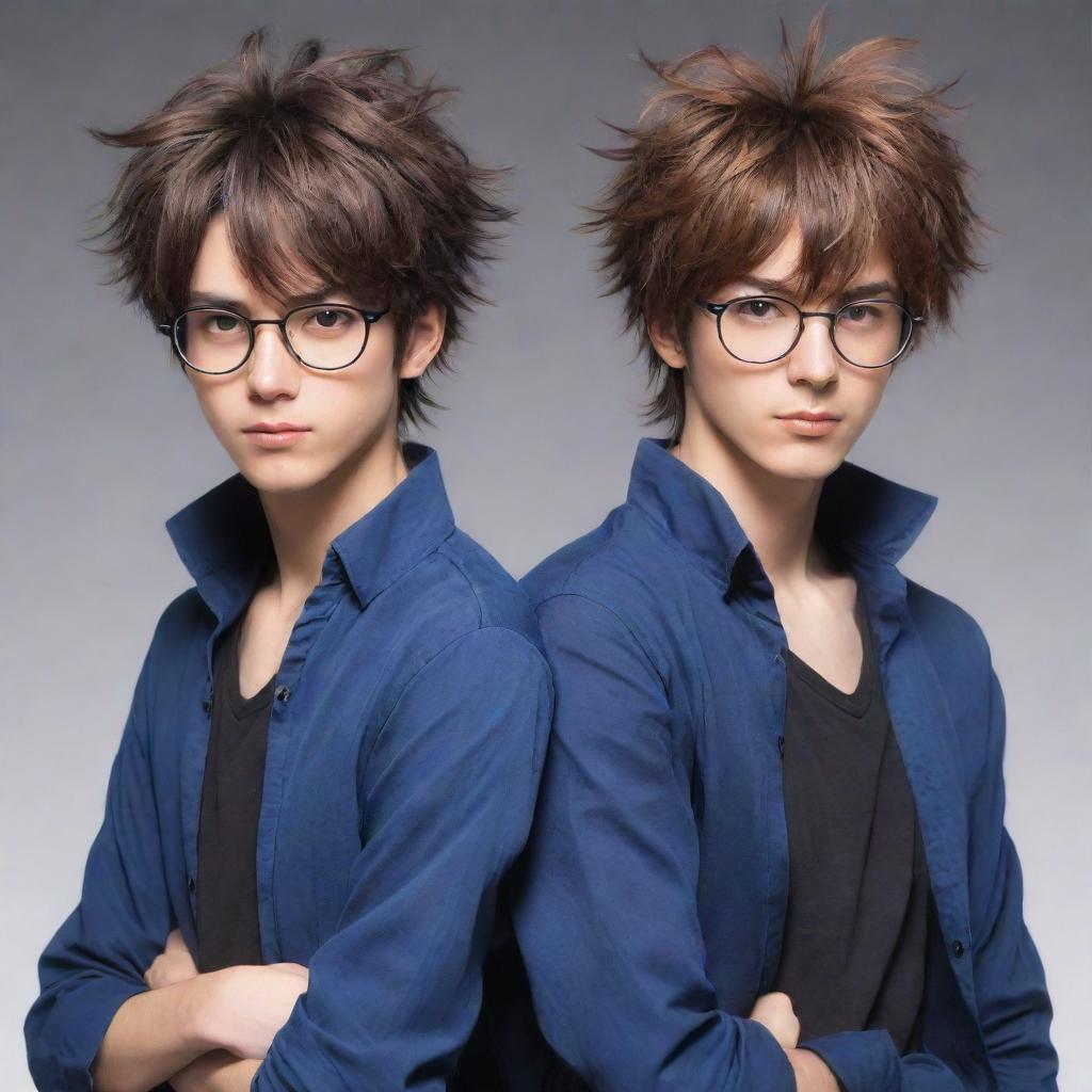 Anime styled image of twin male characters showing cool demeanor. Right twin has messy hair while the left twin presents neat hair and is wearing glasses.