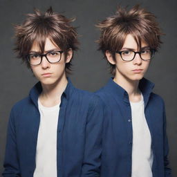 Anime styled image of twin male characters showing cool demeanor. Right twin has messy hair while the left twin presents neat hair and is wearing glasses.