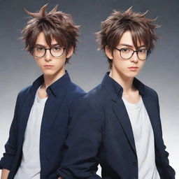 Anime styled image of twin male characters showing cool demeanor. Right twin has messy hair while the left twin presents neat hair and is wearing glasses.