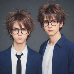 Anime styled image of twin male characters showing cool demeanor. Right twin has messy hair while the left twin presents neat hair and is wearing glasses.