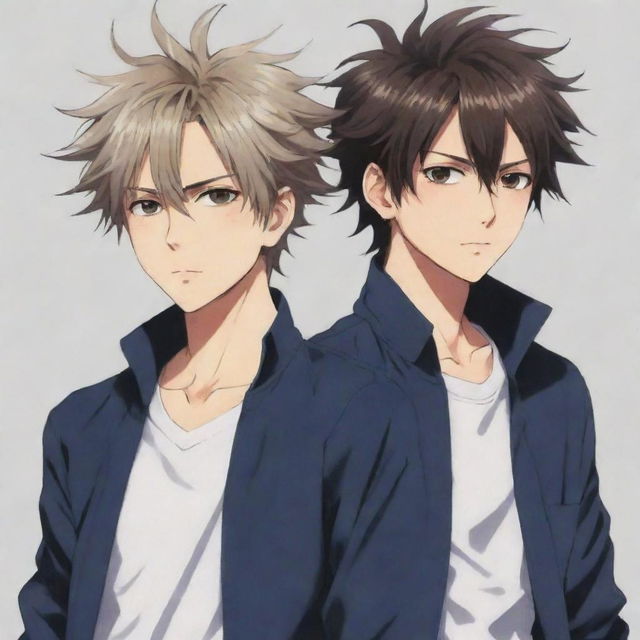 Cool anime image featuring twin male characters. One on the right with slightly messy hair, and the other on the left with neat hair.