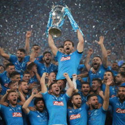 Napoli football team jubilantly celebrating after winning the Champions League, surrounded by confetti and raising the trophy in a stadium full of cheering fans.