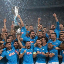 Napoli football team jubilantly celebrating after winning the Champions League, surrounded by confetti and raising the trophy in a stadium full of cheering fans.