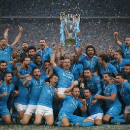 Napoli football team jubilantly celebrating after winning the Champions League, surrounded by confetti and raising the trophy in a stadium full of cheering fans.