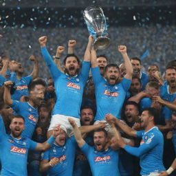 Napoli football team jubilantly celebrating after winning the Champions League, surrounded by confetti and raising the trophy in a stadium full of cheering fans.