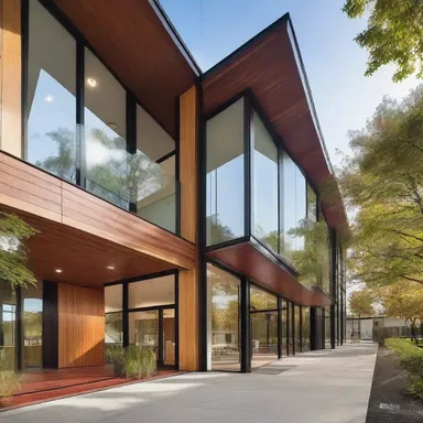 The modern building showcased a multifaceted design with its blend of glass, steel, and wood elements.