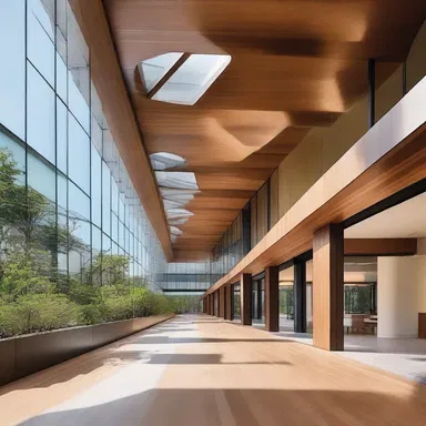 The modern building showcased a multifaceted design with its blend of glass, steel, and wood elements.