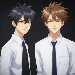 Cool anime image illustrating twin male characters. One is on the right with uneven, messy hair, while the left side twin has well-groomed, neat hair.