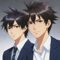 Cool anime image illustrating twin male characters. One is on the right with uneven, messy hair, while the left side twin has well-groomed, neat hair.