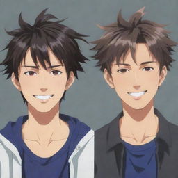 Anime image of cool twin male characters: the right one with slightly messy hair, smiling broadly and the left one with neat hair, having a flat facial expression.