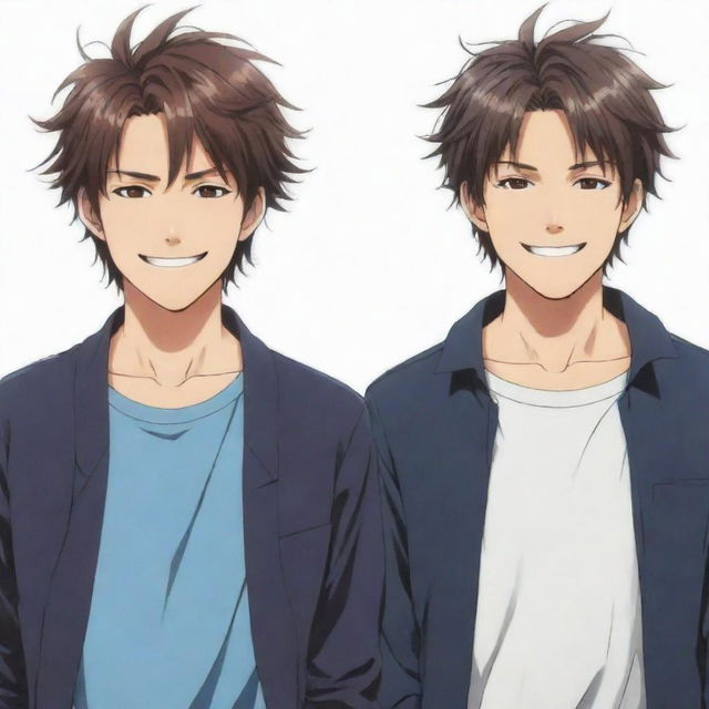 Anime image of cool twin male characters: the right one with slightly messy hair, smiling broadly and the left one with neat hair, having a flat facial expression.