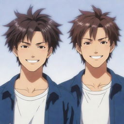 Anime image of cool twin male characters: the right one with slightly messy hair, smiling broadly and the left one with neat hair, having a flat facial expression.