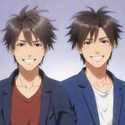 Anime image of cool twin male characters: the right one with slightly messy hair, smiling broadly and the left one with neat hair, having a flat facial expression.