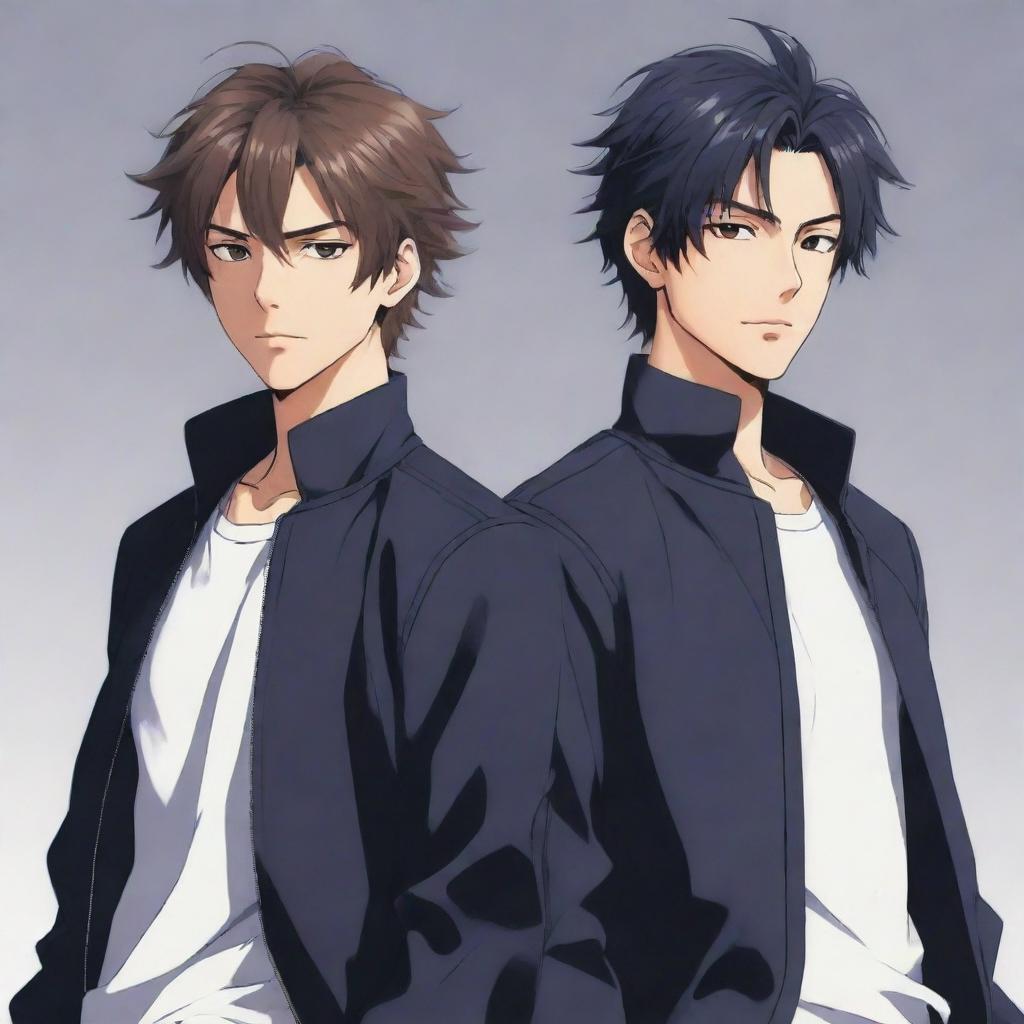 Anime style image of twin male characters looking cool. The right one has slightly messy hair, while the left one sports neat hair.