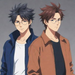 Anime style image of twin male characters looking cool. The right one has slightly messy hair, while the left one sports neat hair.