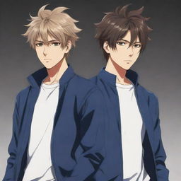 Anime style image of twin male characters looking cool. The right one has slightly messy hair, while the left one sports neat hair.