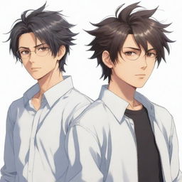 Anime style image of twin male characters looking cool. The right one has slightly messy hair, while the left one sports neat hair.