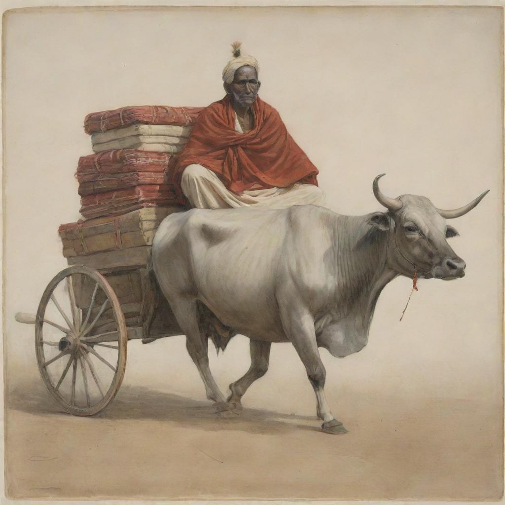 Depict an ancient, impoverished Indian man named Raikva living contentedly in a simple cart drawn by a pair of strong bulls, with only a blanket for possessions, radiating devotion to the supreme Brahman.