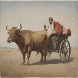 Depict an ancient, impoverished Indian man named Raikva living contentedly in a simple cart drawn by a pair of strong bulls, with only a blanket for possessions, radiating devotion to the supreme Brahman.