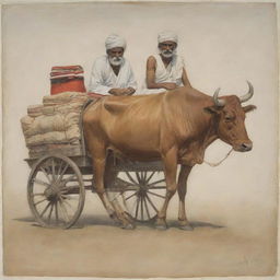 Depict an ancient, impoverished Indian man named Raikva living contentedly in a simple cart drawn by a pair of strong bulls, with only a blanket for possessions, radiating devotion to the supreme Brahman.