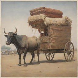 Depict an ancient, impoverished Indian man named Raikva living contentedly in a simple cart drawn by a pair of strong bulls, with only a blanket for possessions, radiating devotion to the supreme Brahman.