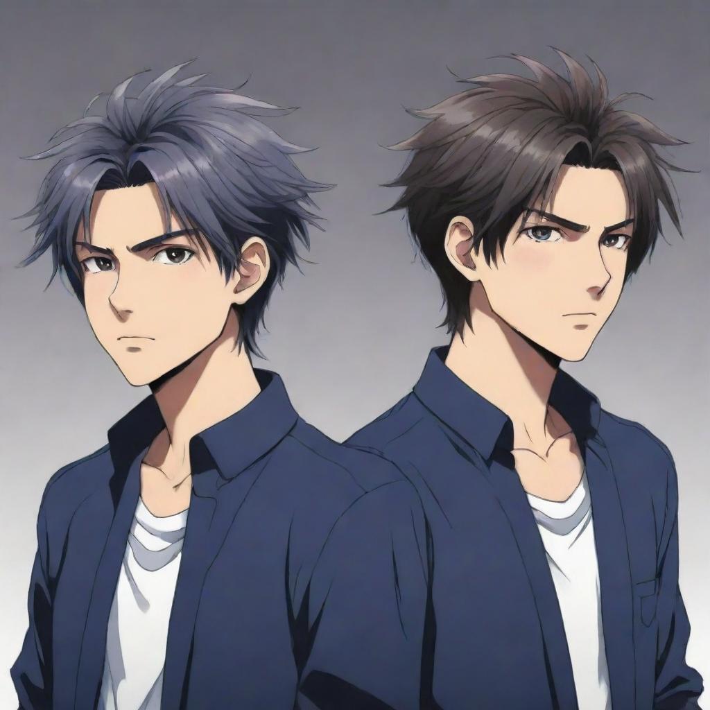 Anime-style artwork of cool twin male characters. The twin to the right has slightly messy hair as contrasted with the left twin's tidy hairstyle.