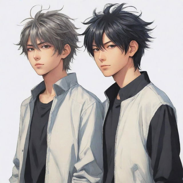 Anime-style artwork of cool twin male characters. The twin to the right has slightly messy hair as contrasted with the left twin's tidy hairstyle.