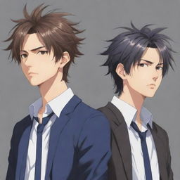 Anime-style artwork of cool twin male characters. The twin to the right has slightly messy hair as contrasted with the left twin's tidy hairstyle.