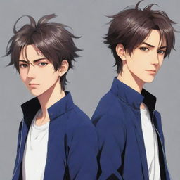 Anime-style artwork of cool twin male characters. The twin to the right has slightly messy hair as contrasted with the left twin's tidy hairstyle.