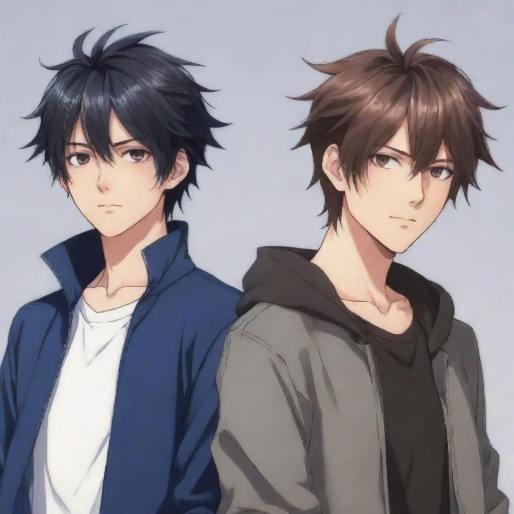 Anime rendition of twin male characters: one with slightly messy hair on the right, and the other with neat hair on the left, both exuding a cool aura.