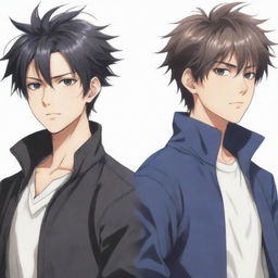 Anime rendition of twin male characters: one with slightly messy hair on the right, and the other with neat hair on the left, both exuding a cool aura.