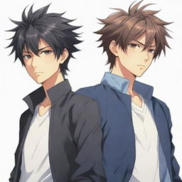 Anime rendition of twin male characters: one with slightly messy hair on the right, and the other with neat hair on the left, both exuding a cool aura.