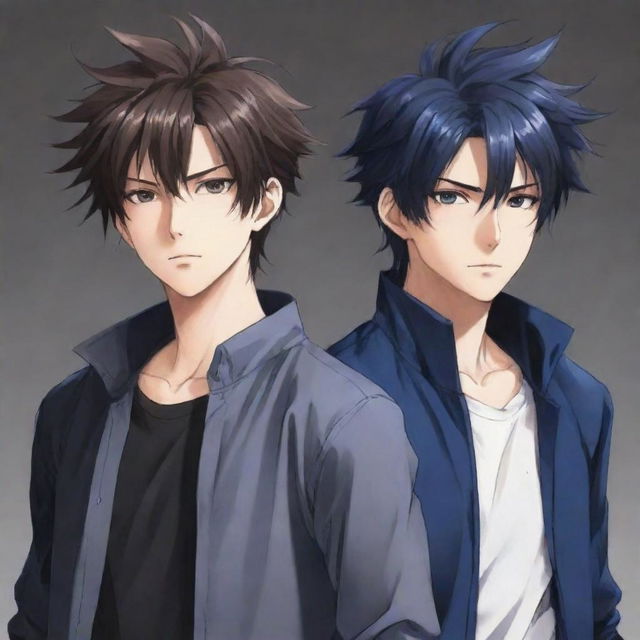 Anime rendition of twin male characters: one with slightly messy hair on the right, and the other with neat hair on the left, both exuding a cool aura.