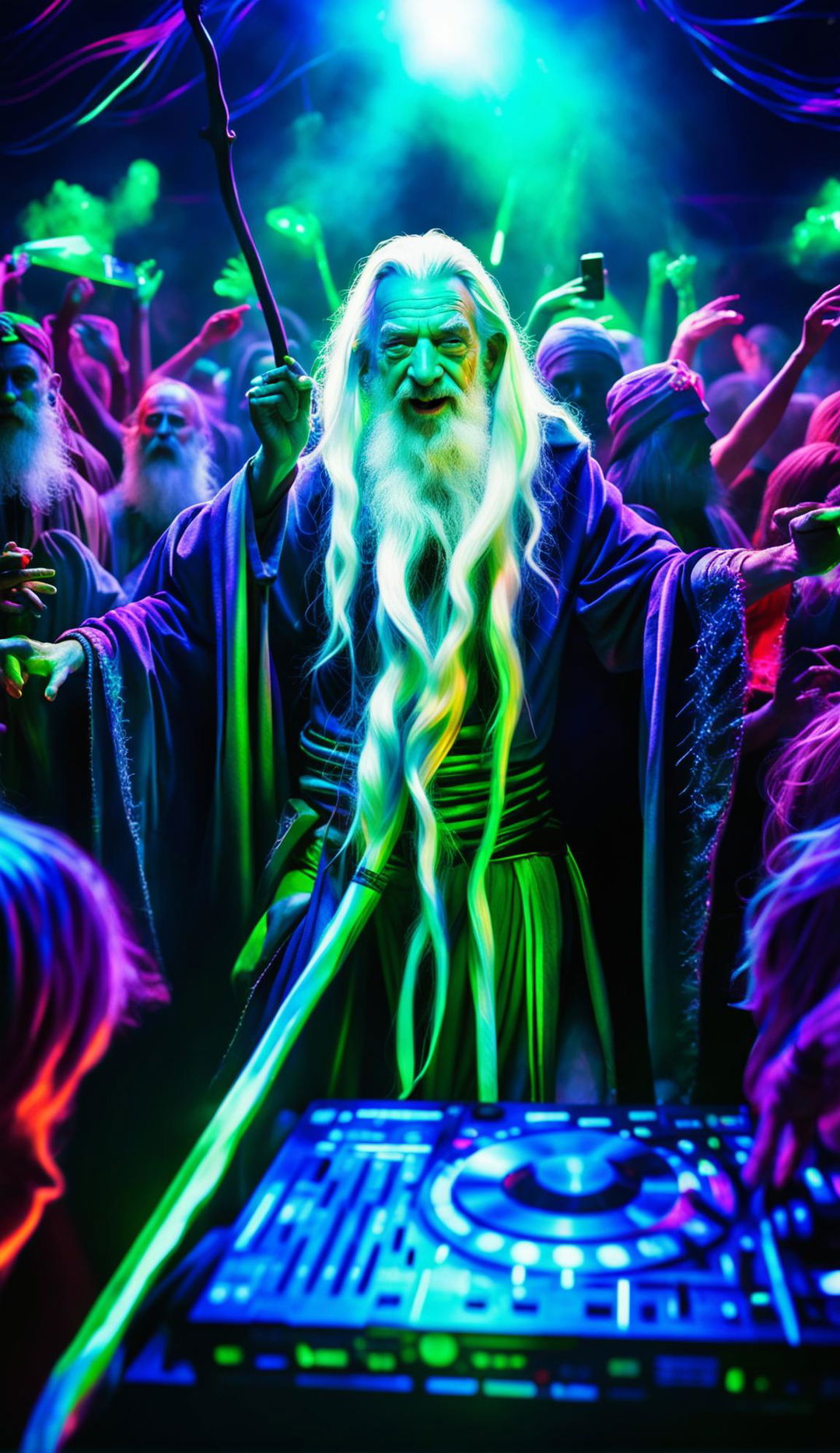 Digital art of Gandalf at a rave party, dressed in holographic clothes and using his staff as a giant glow stick. Surrounded by a crowd with fluorescent body paint under neon lights and lasers from a futuristic DJ booth.