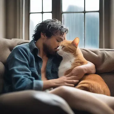 As they cuddled together on the couch, the lovers listened to the rain outside while the fireplace crackled and their hearts purred with contentment.