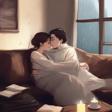 As they cuddled together on the couch, the lovers listened to the rain outside while the fireplace crackled and their hearts purred with contentment.