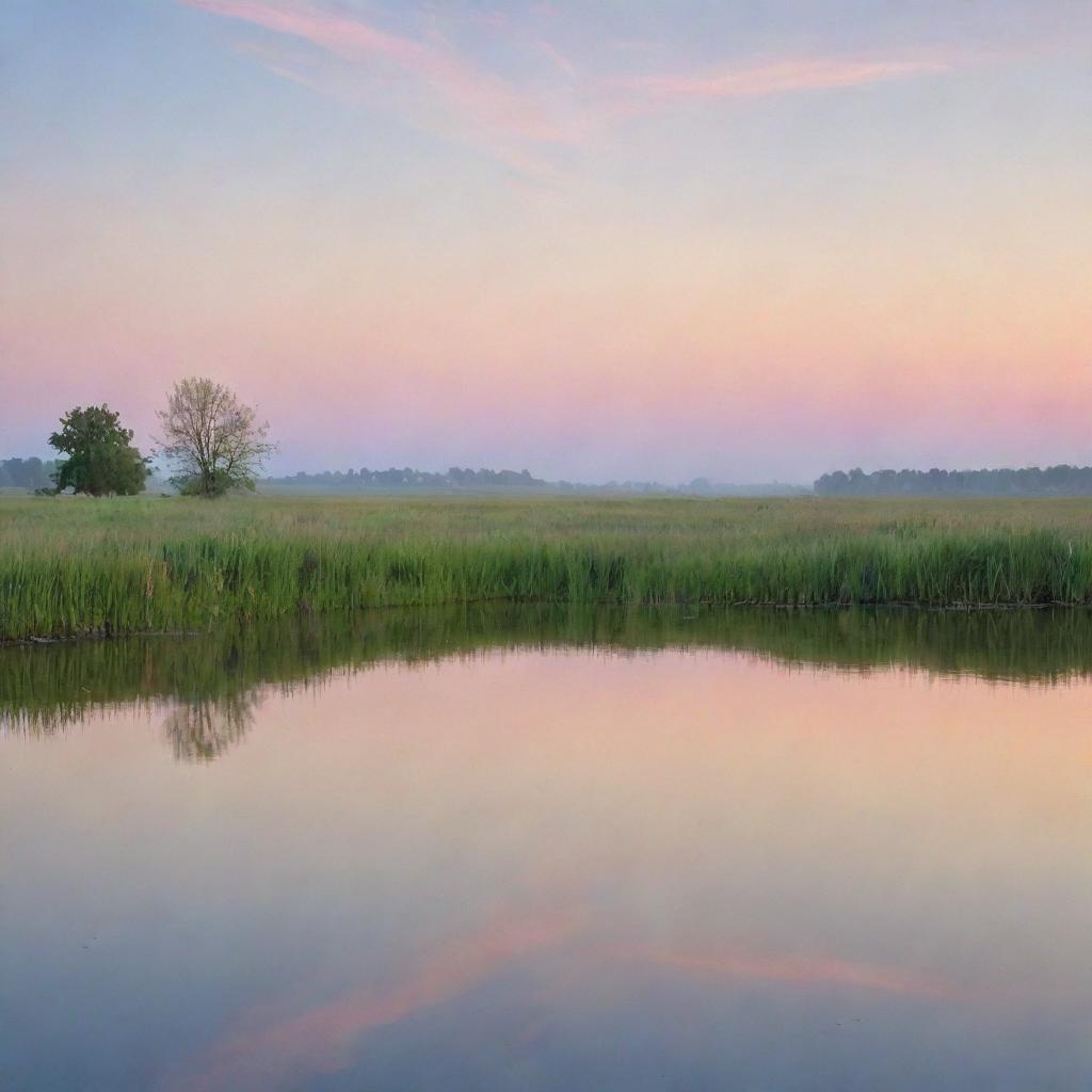 An image of a serene landscape lit by a soft sunset, with calm waters reflecting the pastel sky and a peaceful meadow on the foreground.