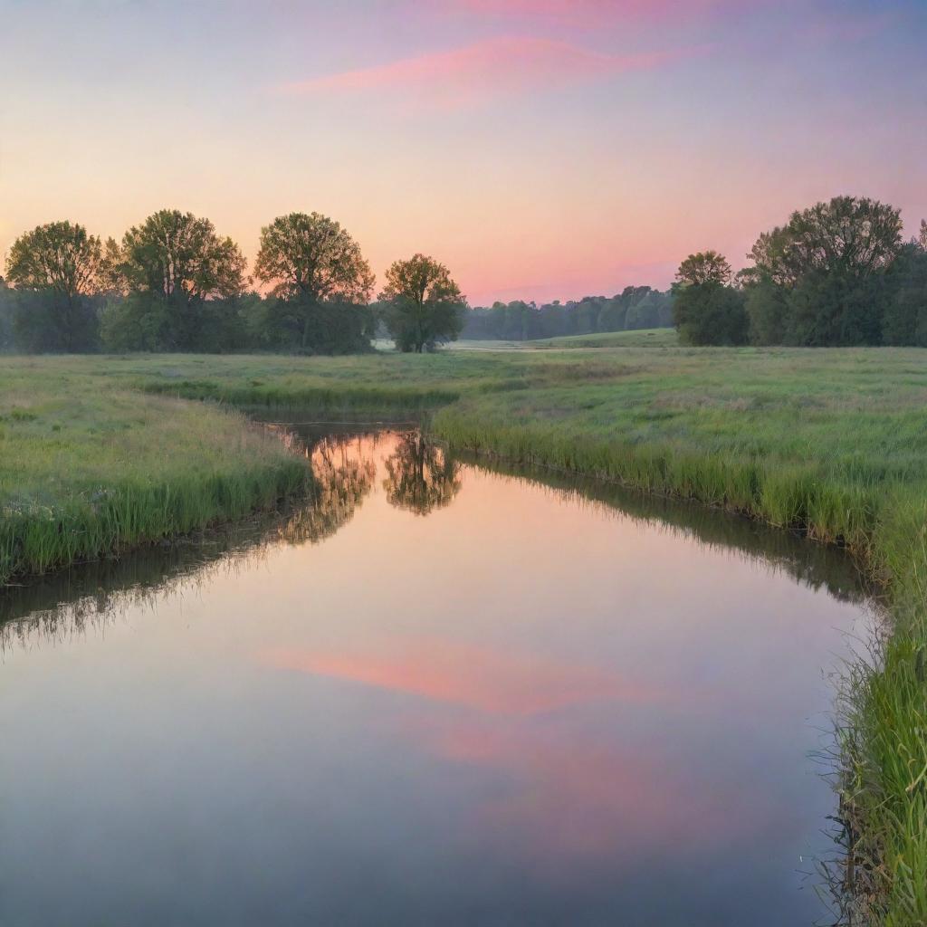 An image of a serene landscape lit by a soft sunset, with calm waters reflecting the pastel sky and a peaceful meadow on the foreground.