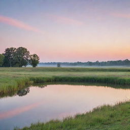 An image of a serene landscape lit by a soft sunset, with calm waters reflecting the pastel sky and a peaceful meadow on the foreground.