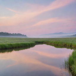 An image of a serene landscape lit by a soft sunset, with calm waters reflecting the pastel sky and a peaceful meadow on the foreground.