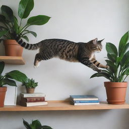 A nimble cat gracefully jumping onto a shelf, its fur bristling as it leaps, tail extended for balance. The shelf is adorned with various books and houseplants.