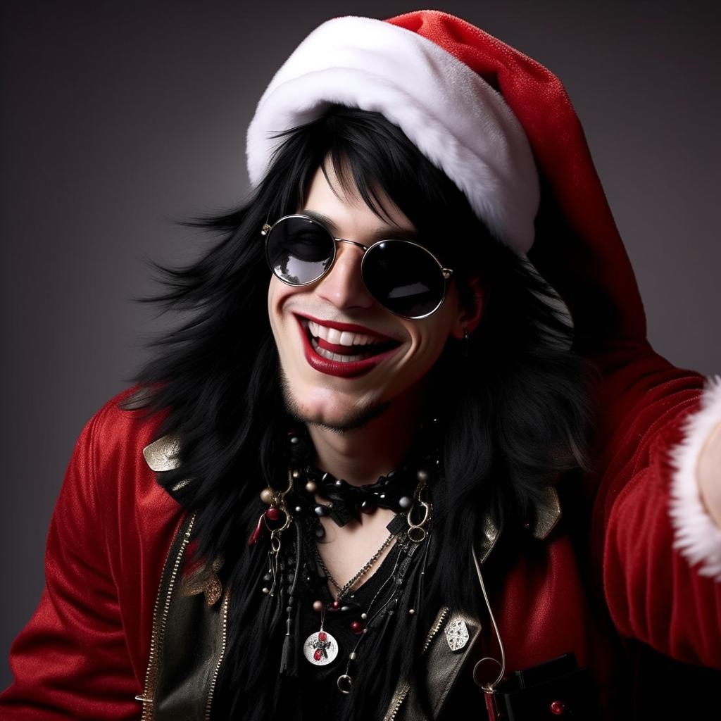 An exuberantly joyful Santa Claus now wears a complete 2009 emo ensemble including black lipstick, a stylish emo fringe, and distinctive emo attire, engrossed in taking a self-portrait.