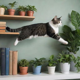 A nimble cat gracefully jumping onto a shelf, its fur bristling as it leaps, tail extended for balance. The shelf is adorned with various books and houseplants.