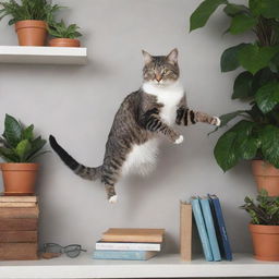 A nimble cat gracefully jumping onto a shelf, its fur bristling as it leaps, tail extended for balance. The shelf is adorned with various books and houseplants.