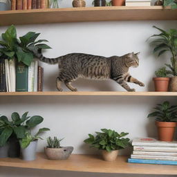 A nimble cat gracefully jumping onto a shelf, its fur bristling as it leaps, tail extended for balance. The shelf is adorned with various books and houseplants.