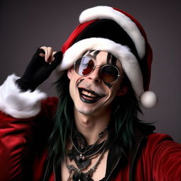 An exuberantly joyful Santa Claus now wears a complete 2009 emo ensemble including black lipstick, a stylish emo fringe, and distinctive emo attire, engrossed in taking a self-portrait.