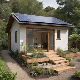 An eco-friendly dream house built with recycled materials, featuring solar panels, a rainwater harvesting system, a garden, a green roof for biodiversity, in a compact yet comfortable space. The house is energy-efficient, water-conscious, and waste-smart.