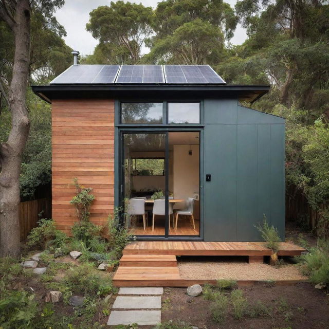 An eco-friendly dream house built with recycled materials, featuring solar panels, a rainwater harvesting system, a garden, a green roof for biodiversity, in a compact yet comfortable space. The house is energy-efficient, water-conscious, and waste-smart.