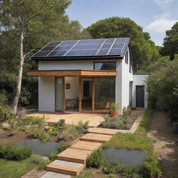 An eco-friendly dream house built with recycled materials, featuring solar panels, a rainwater harvesting system, a garden, a green roof for biodiversity, in a compact yet comfortable space. The house is energy-efficient, water-conscious, and waste-smart.