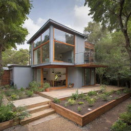 An eco-friendly dream house built with recycled materials, featuring solar panels, a rainwater harvesting system, a garden, a green roof for biodiversity, in a compact yet comfortable space. The house is energy-efficient, water-conscious, and waste-smart.